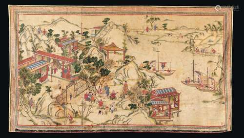 A painting on leather depicting river landscape with common life scenes, China, Qing Dynasty, 19th century