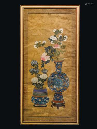 A painting on paper depicting two flower pots, China, Qing Dynasty, 19th century