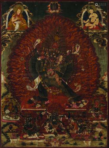 A framed tanka with nine deities, Tibet, 18th century