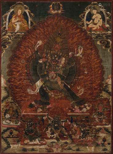 A framed tanka with nine deities, Tibet, 18th century