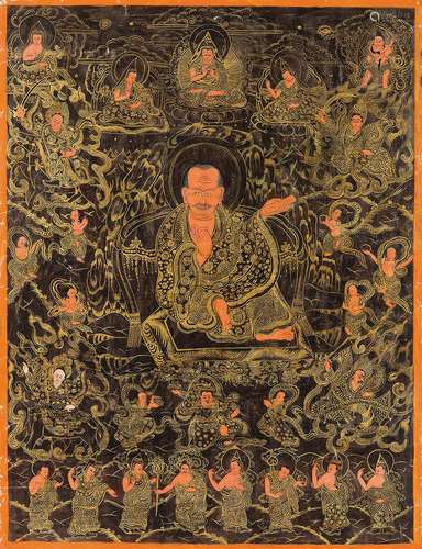 A brown-ground tanka with Lama and deities, Tibet, 19th century