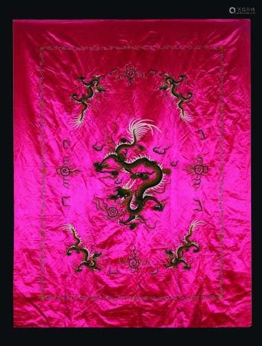 A pink-ground silk cloth embroidered with five green dragons, China, Qing Dynasty, 19th century