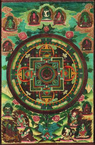 A green-ground tanka with Mandala and many deities, Tibet, 19th century