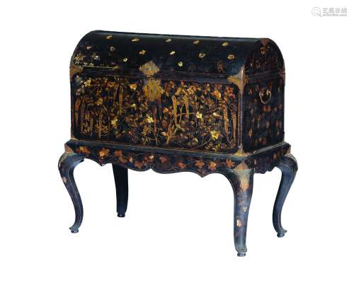 A lacquered wood chest and stand with naturalistic mother-of-pearl inlays, Japan, Momoyama Period, late 16th century