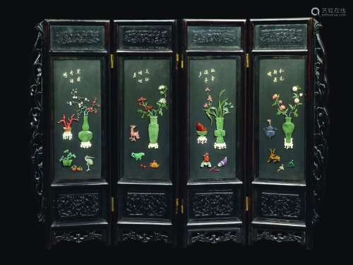 A four-shutters screen with jade, ivory and sempi-precious stone inlays, China, Qing Dynasty, 19th century