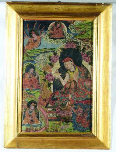 A framed tanka with six deities, Tibet, 17th century