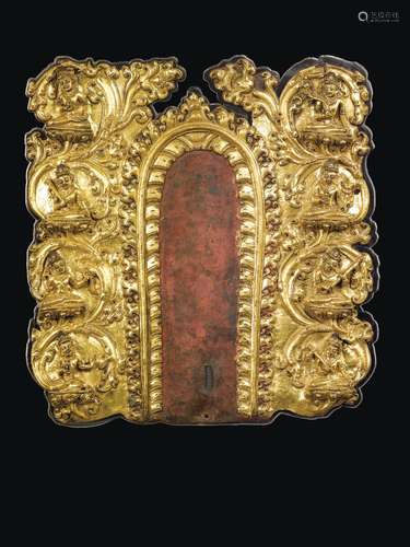 A gilt copper repoussé work with eight deities, Tibet, Densatil, 16th century