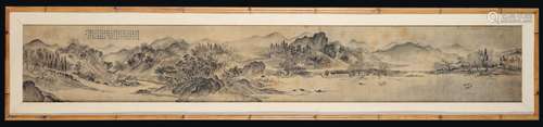 A painting on silk depicting lake landscape with boats and inscription, China, Qing Dynasty, 19th century