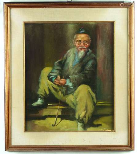 Oil on canvas depicting seated old man, China, 20th century