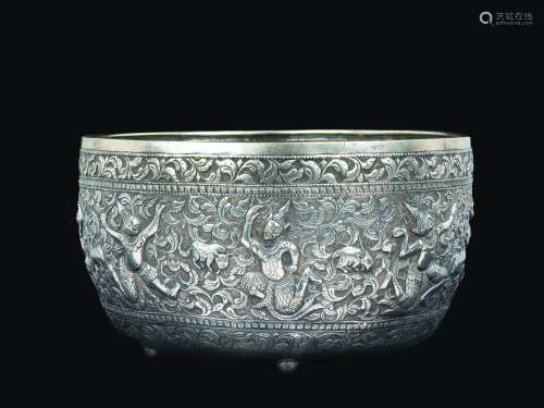 An embossed silver bowl with dancing figures, India, 19th century