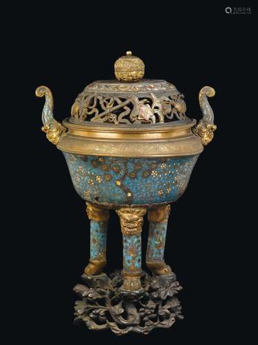 A cloisonné enemel tripod censer and a cover with naturalistic decoration, China, Qing Dynasty, 18th century