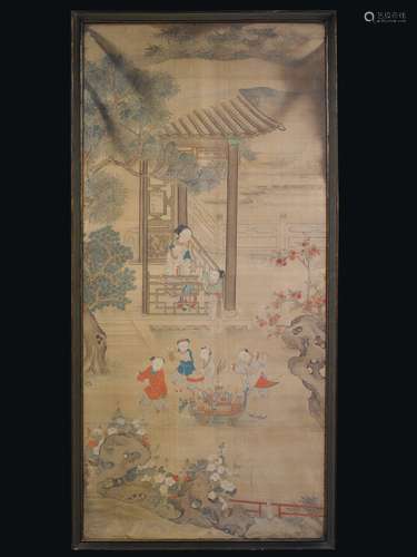 A painting on silk depicting Guanyin and playing children, China, Qing Dynasty, 18th century