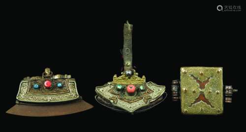 Two gilt and silver metal boxes and a lighter with semi-precious stones inlays, China, Qing Dynasty, 19th century