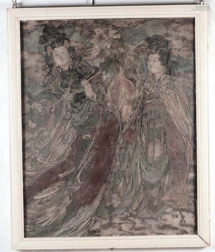 A polychrome fresco depicting three Guanyin, China, Tang Dynasty, (618-906)