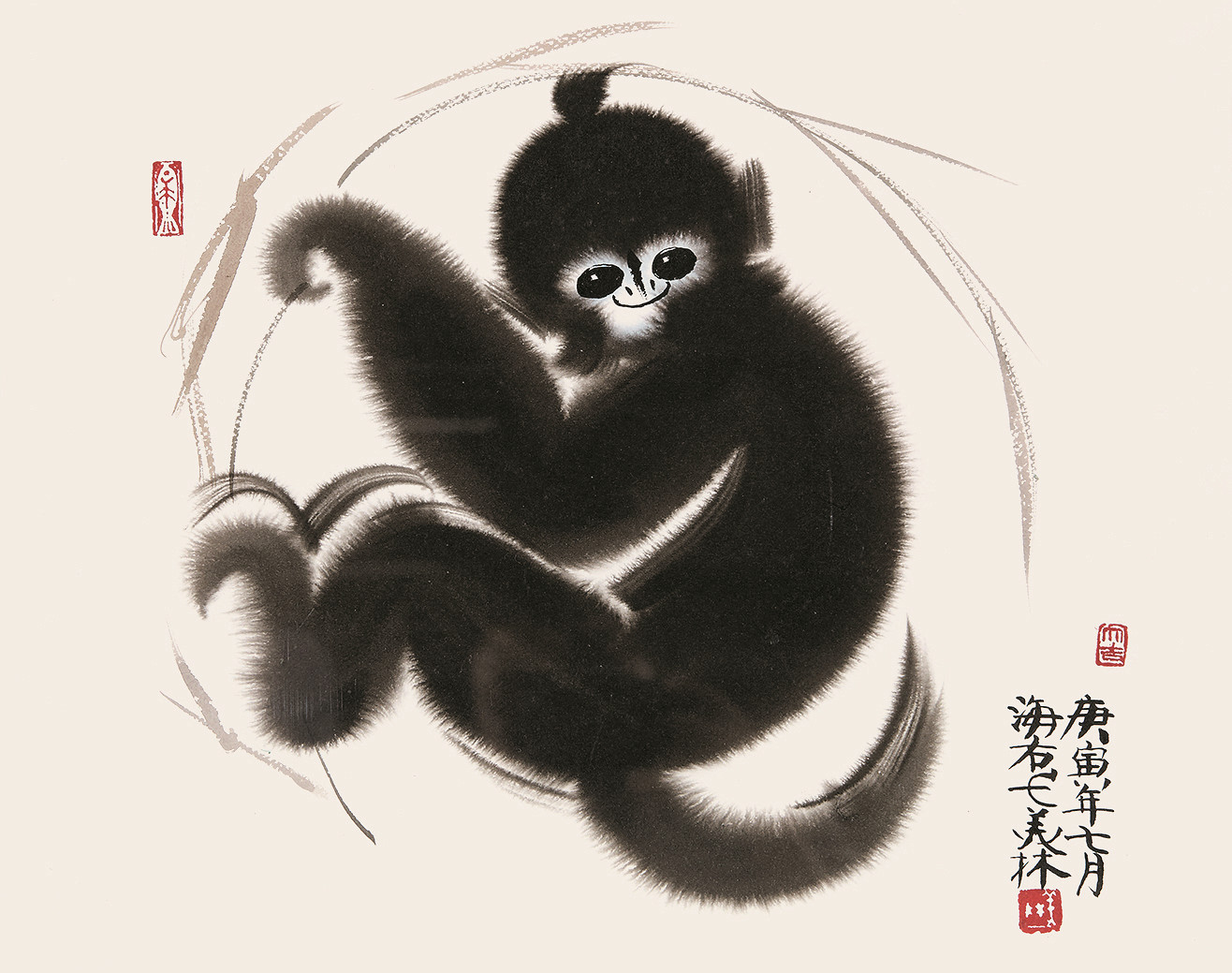 韩美林2010年作猴设镜框色纸本