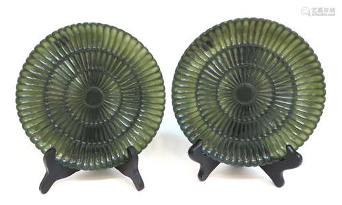 Pair Of Carved Green Jade Plates