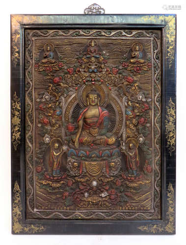 Brass Carved Tangka In Lacquer Frame