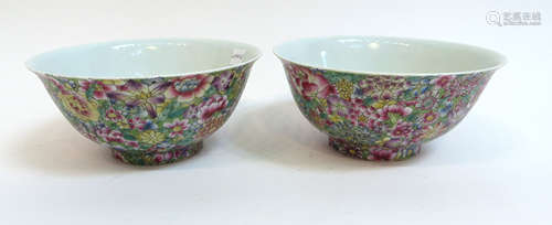 Pair Of Qianlong 100 Flowers Bowls