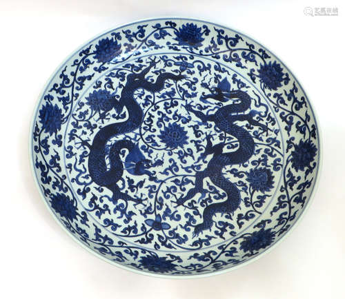 Ming Blue & White Double Dragon Charger