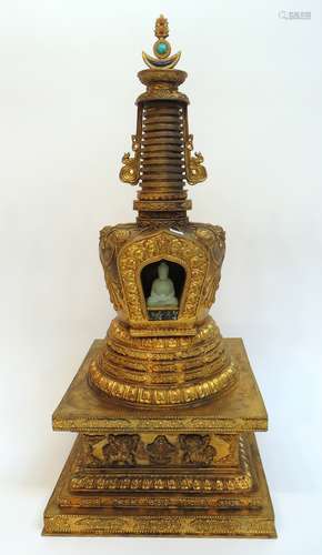 Gilt Bronze Shrine Temple With Jade Buddha