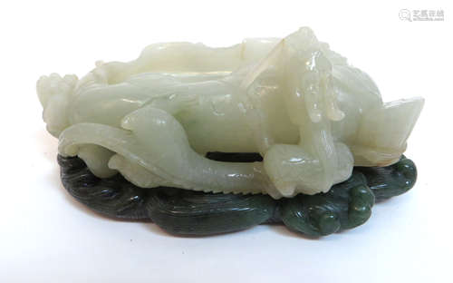 Chinese Jade Dragon Brush Washer On Jade Base