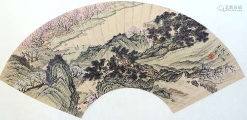 Chinese Painting Cherry Blossoms Landscape Fan