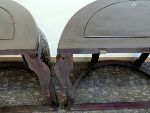 Pair Of Demi Lune Zitan Tables With Zitan Stools