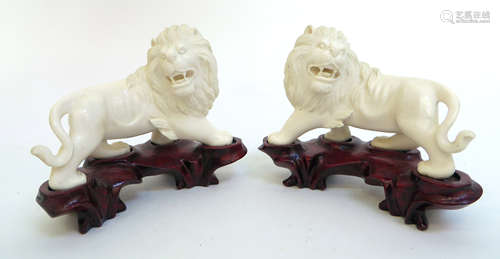 Pair Of 19th C. Ivory Lions On Stands