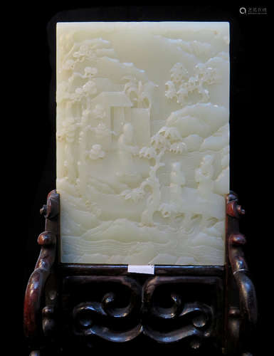 Carved White Jade Table Screen