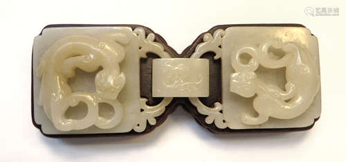 Double Dragon White Jade Belt Hook On Zitan Stand