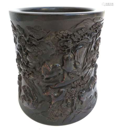 Large Finely Zitan Carved Brush Pot Of Horses