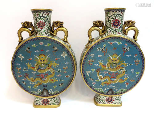 Pair Of Dragon Cloisonne Moon Flasks