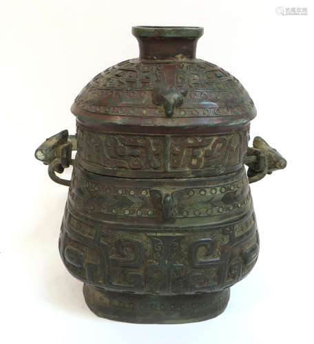 Shang Dynasty Bronze Handled Urn