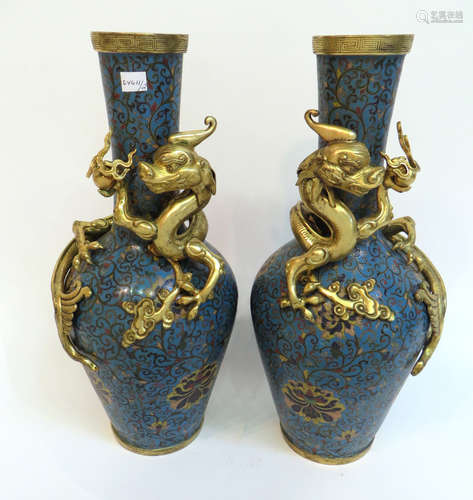 Pair Of Antique Cloisonne Dragon Vases