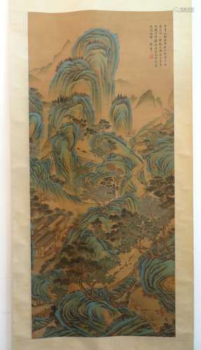 Chinese Mountain Village Painting On Scroll