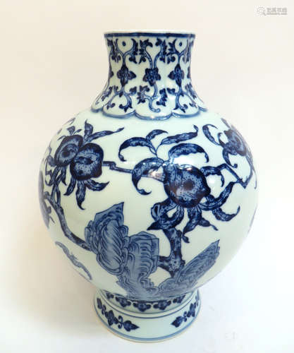 Chinese Blue And White Peaches And Bats Vase