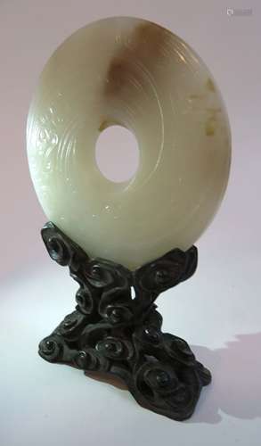 Carved Jade Disc With Zitan Stand