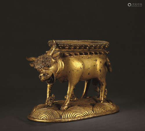 十五世紀 銅牛底座 西藏 銅鎏金