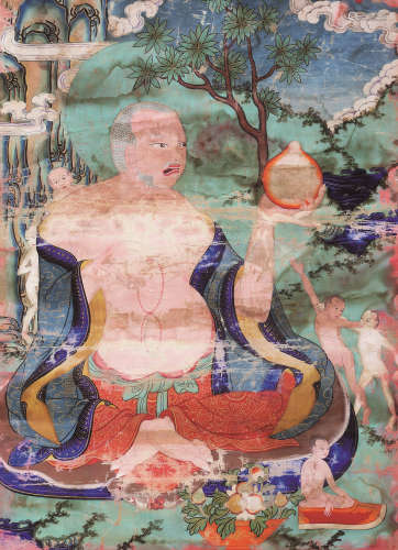 十九世紀 布袋羅漢 蒙古 棉布礦物顏料
