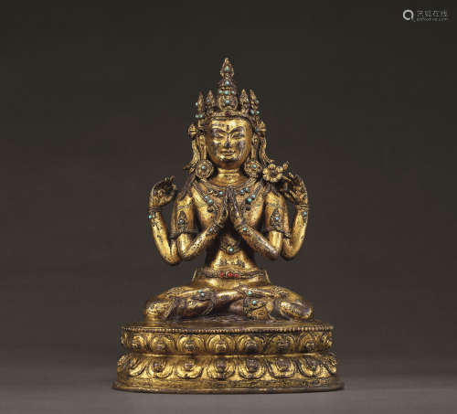 十五世紀 四臂觀音 西藏 紅銅鎏金 嵌寶石