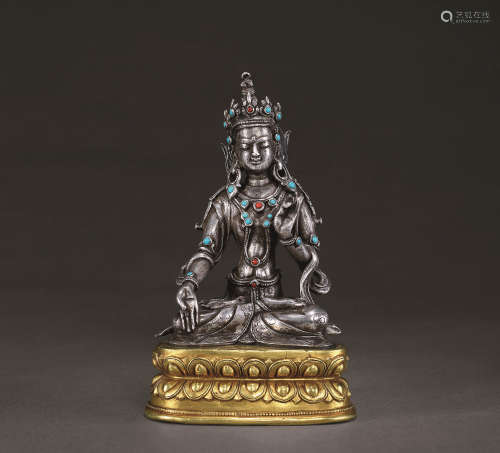 十八世紀 度母像 西藏 銀配銅鍍金蓮座