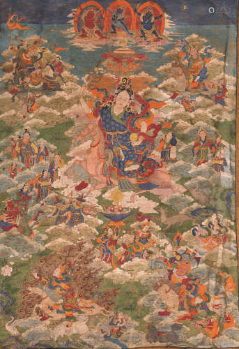 十八世紀 九天仙女（五守捨神唐卡） 西藏  棉布礦物顏料