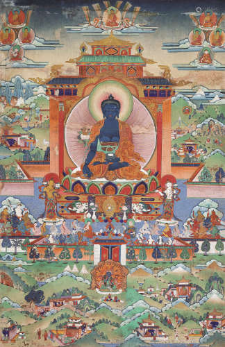 19世紀 藥師佛彩繪唐卡 藏東 棉布礦物顏料