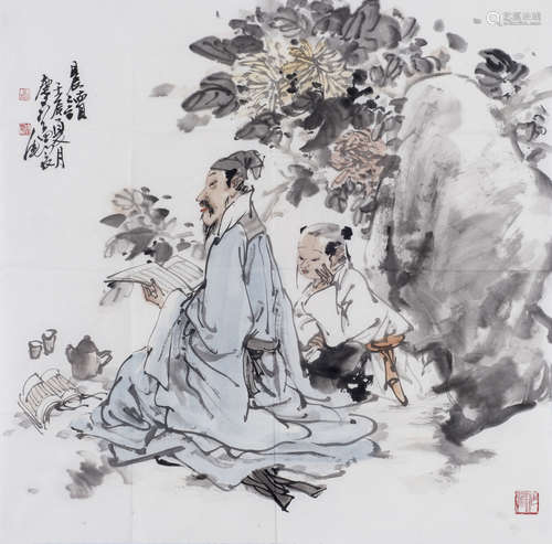 李庆富 晨读 设色纸本镜芯