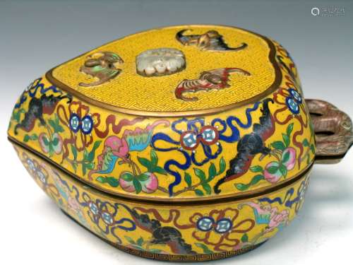 Chinese Cloisonne Peach Shaped Box with White Jade Inlaid