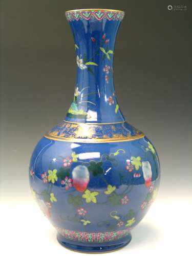 Chinese Powder Blue Glazed Famille Rose Porcelain Vase, Guangxu Mark.