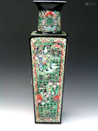 Chinese Famille Rose Carved Square Porcelain Vase