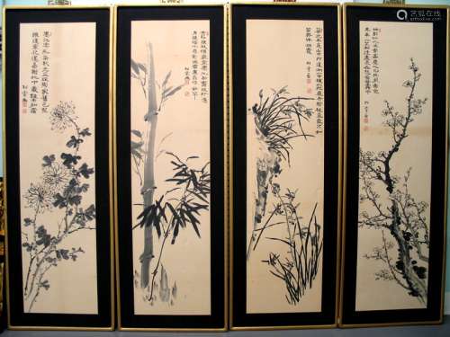 Set of Four Chinese Ink Color Painting Panels
