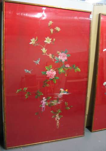 Pair of Huge Chinese Embroidery Panels, Framed.