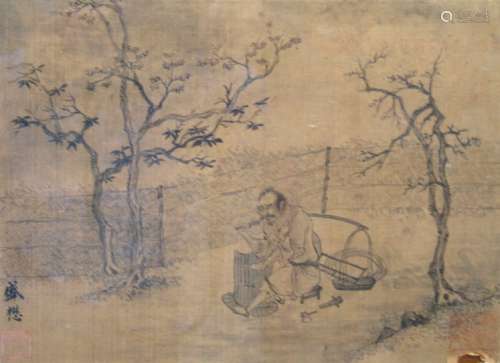 Antique Chinese Ink Painting On Silk, Signed Sheng Mao.